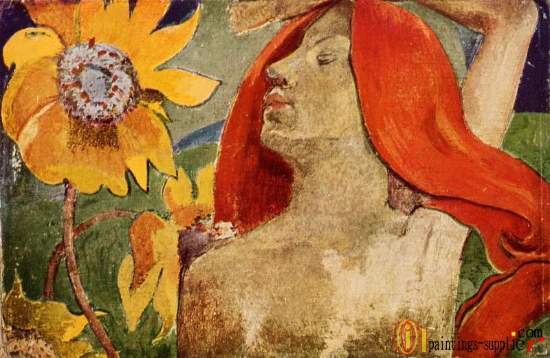 Readheaded Woman and Sunflowers.