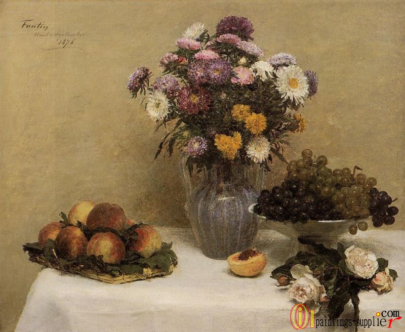 White Roses, Chrysanthemums, Peaches and Grapes on a Table.