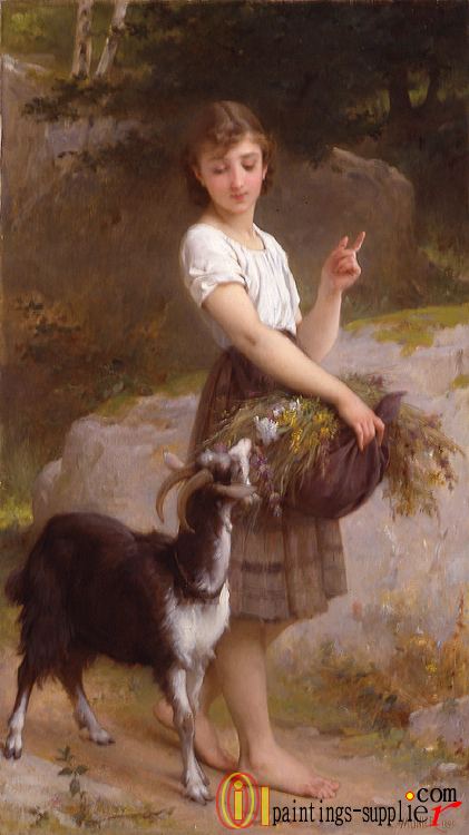 young girl with goat and flowers