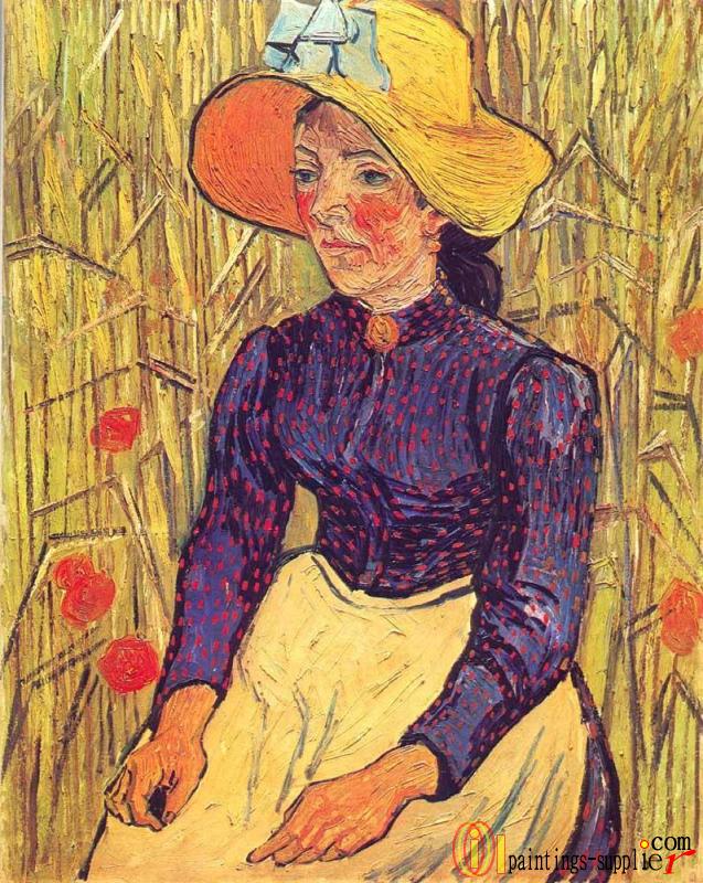 Young Peasant Woman with Straw Hat Sitting in the Wheat.