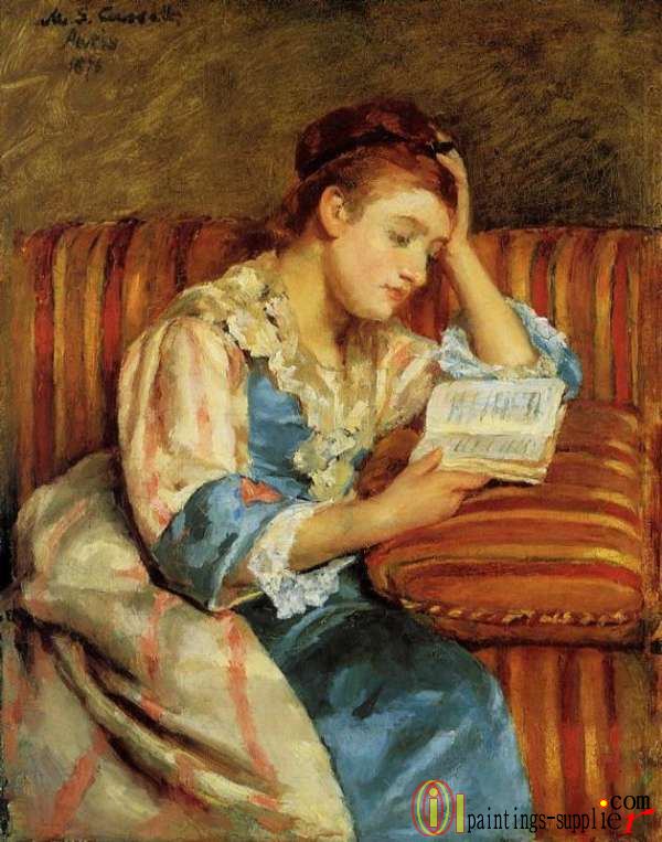 Mrs. Duffee Seated on a Striped Sofa, Reading ,1876.