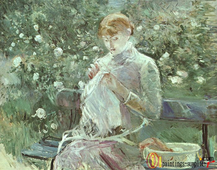 Young Woman Sewing in a Garden.