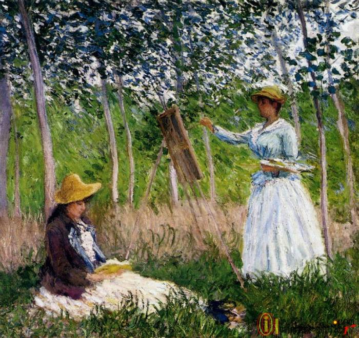 In The Woods At Giverny Blanche Hoschede Monet At Her Easel With Suzzanne Hoschede Reading
